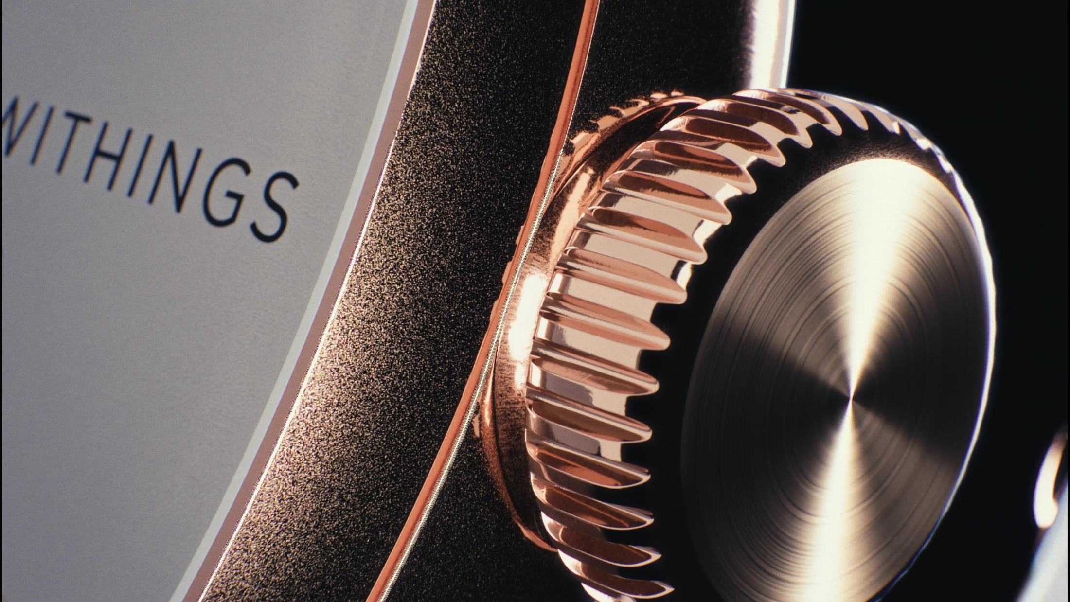 Close-up of the rose gold crown of a Withings watch