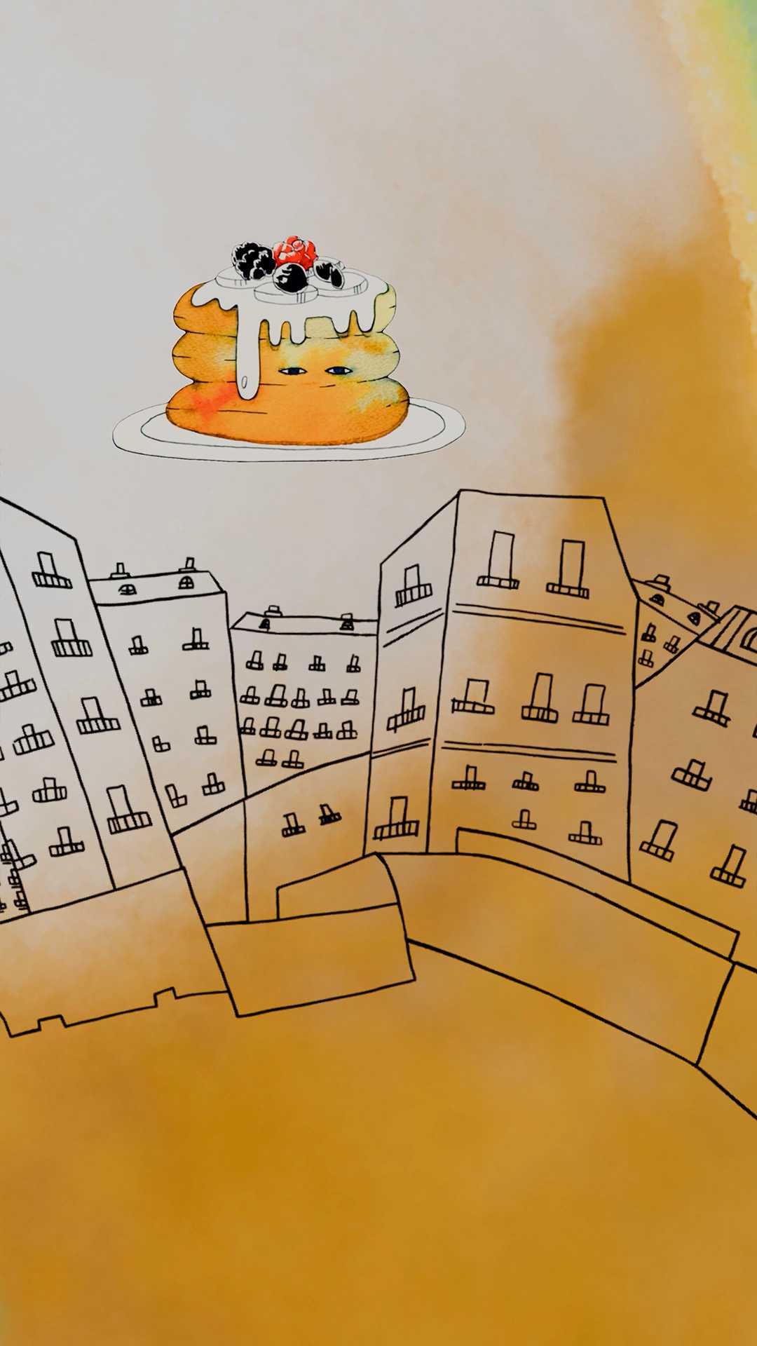 Pancake stack, fruit, eye, on sketch Parisian building rooftops.
