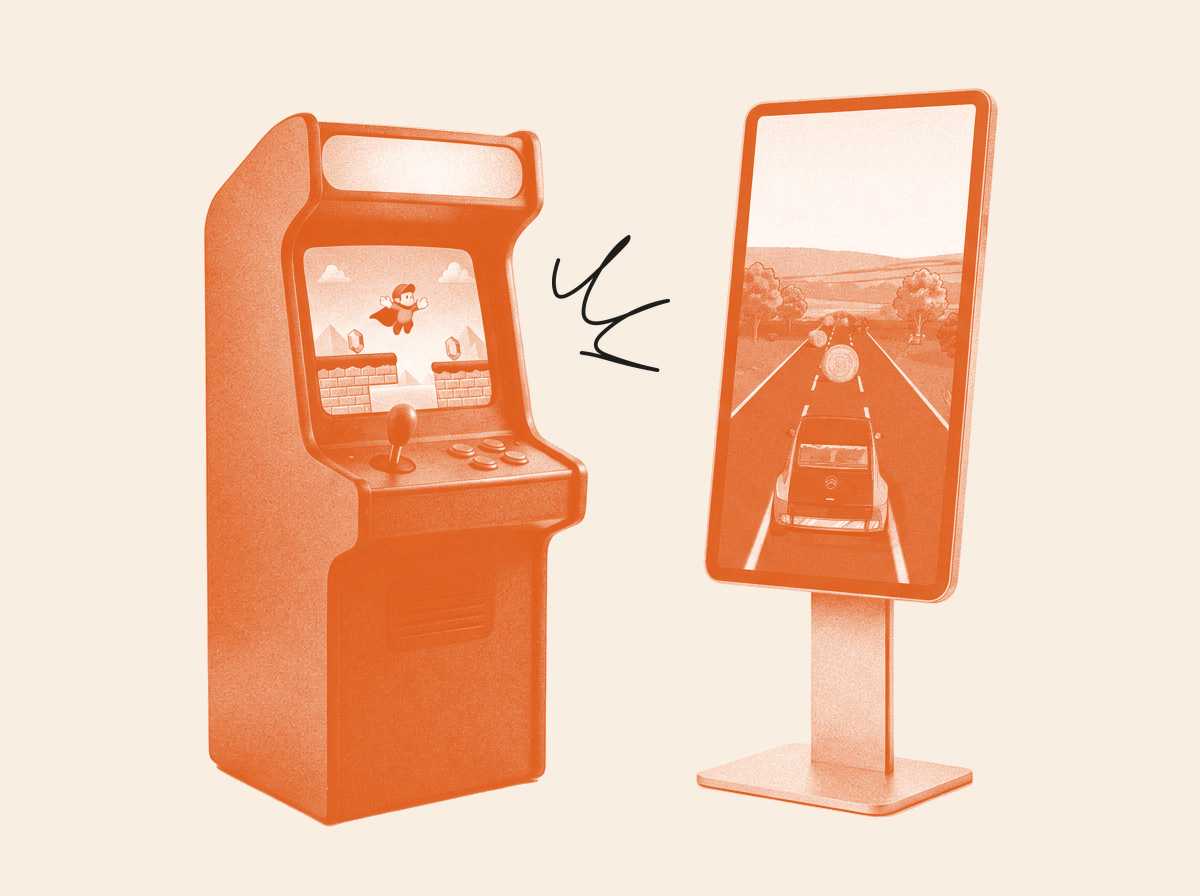 Borne d’arcade et écran vertical orange, jeu Citroën, doodle de son entre les deux.