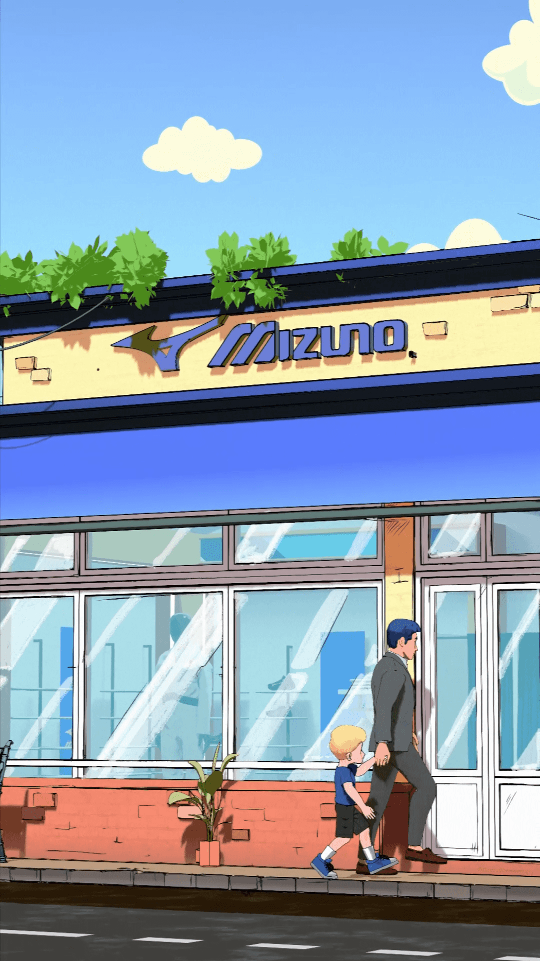 Mizuno - Grease Pencil boy and his dad walking to a shop