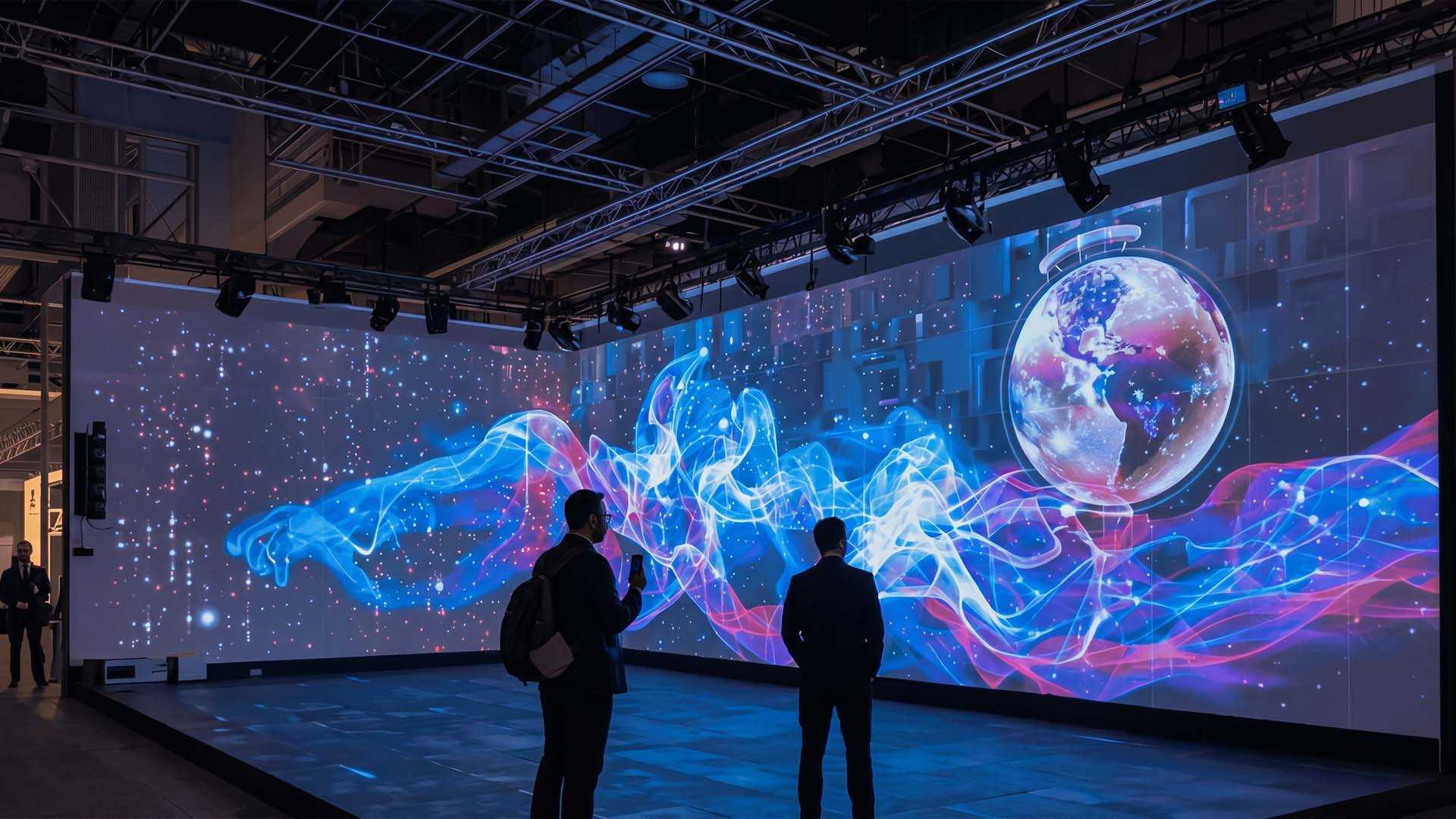 Interactive experience: immersive LED wall featuring digital Earth and light waves.