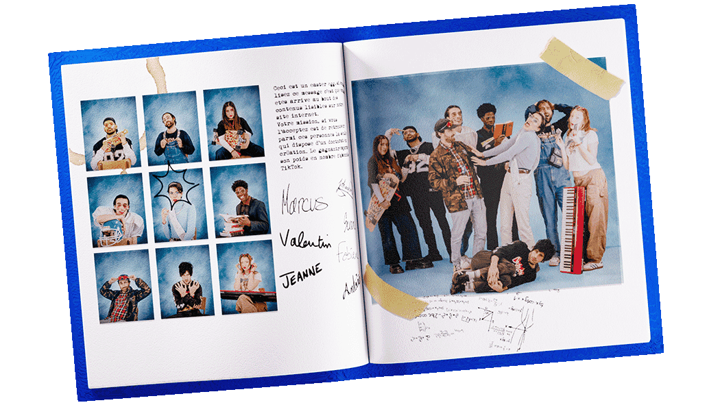 Livre de promo ouvert avec les photos de l'équipe The Sun Project.