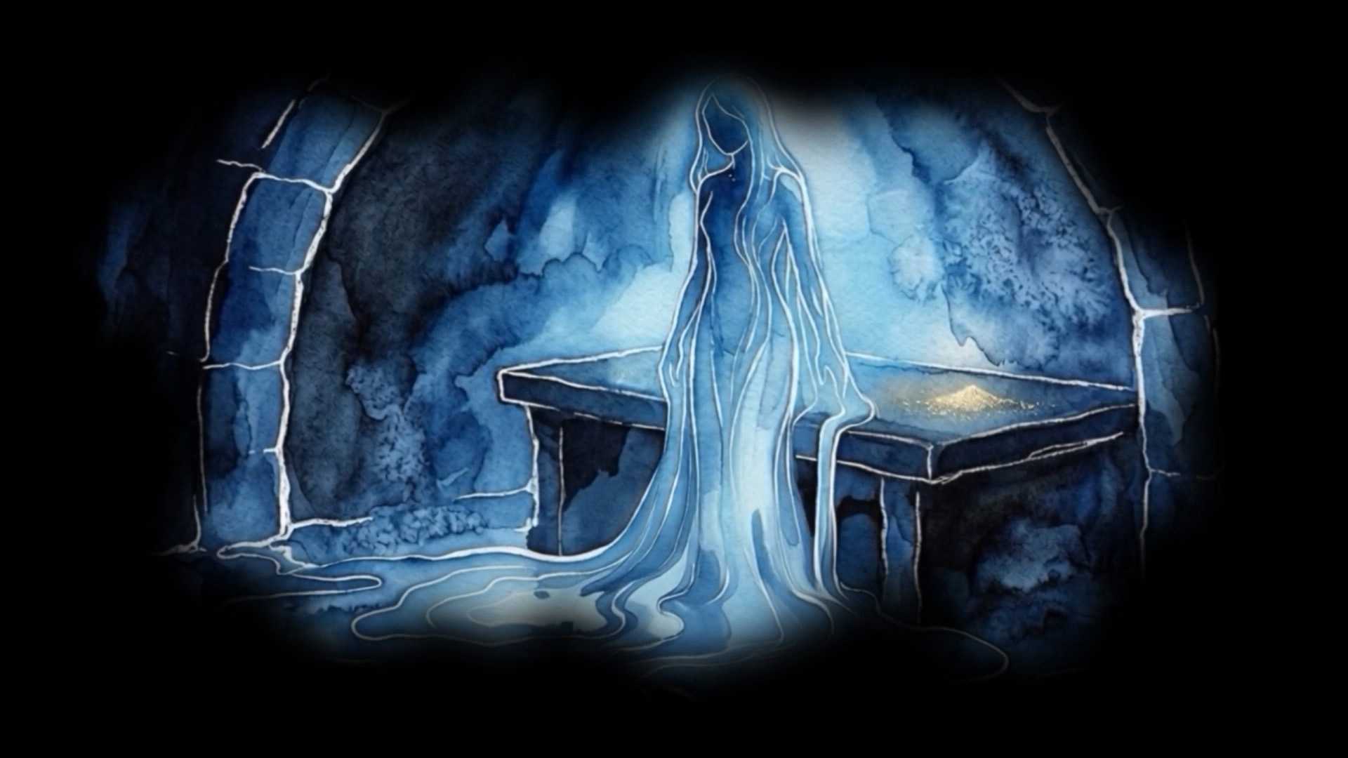 Ethereal water figure and carved stone altar. Spa Clemens immersive illustration.
