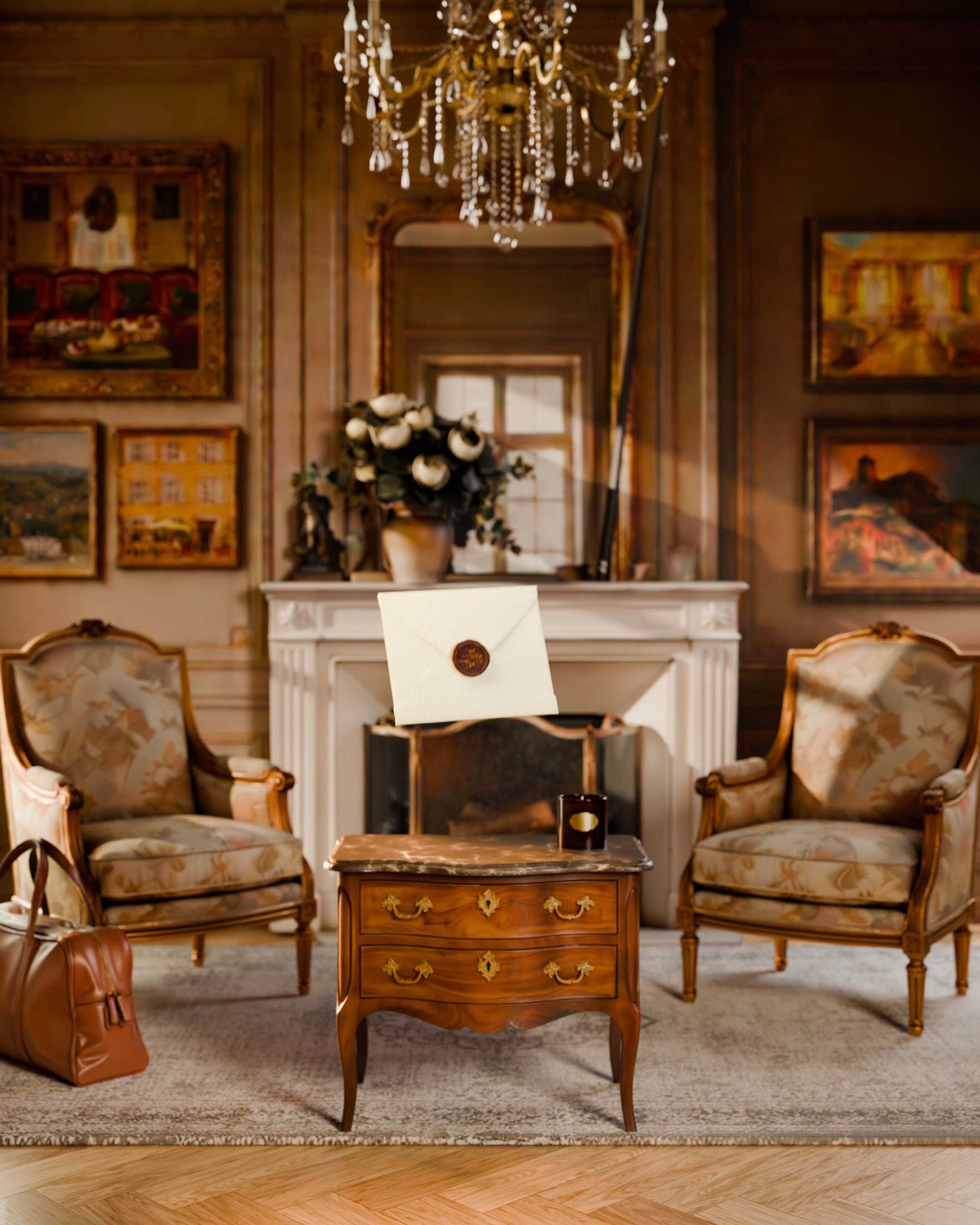 Opulent classic Airelles lounge, fireplace, sealed envelope.