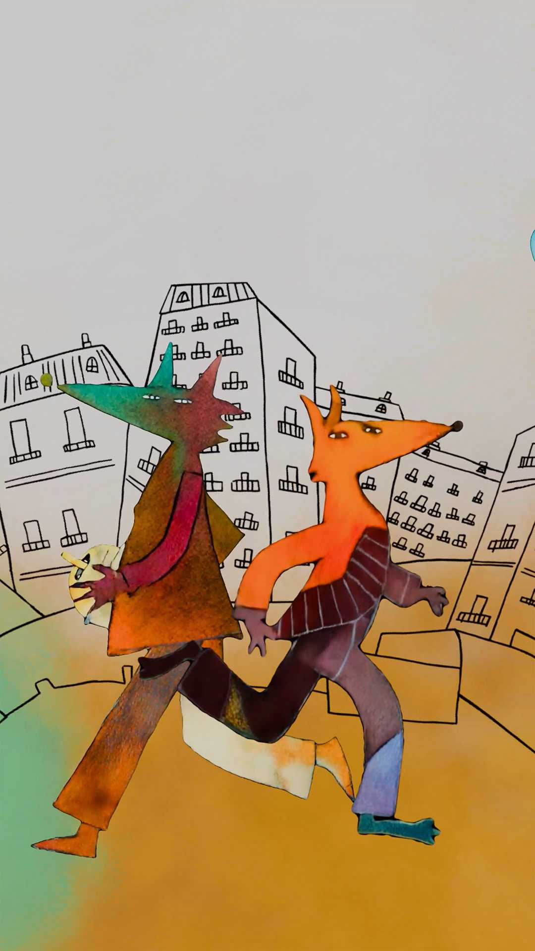 Two colorful Kitsune characters running in a sketch-style Parisian street.