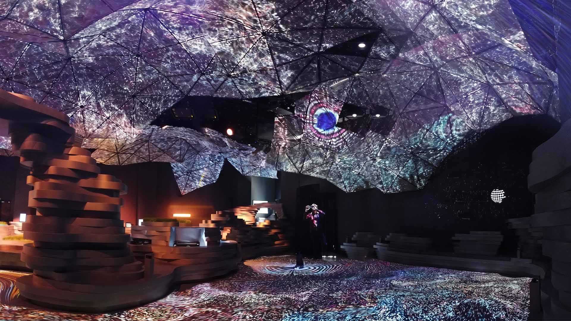 immersive installation, 3D projection mapping on polygonal dome.