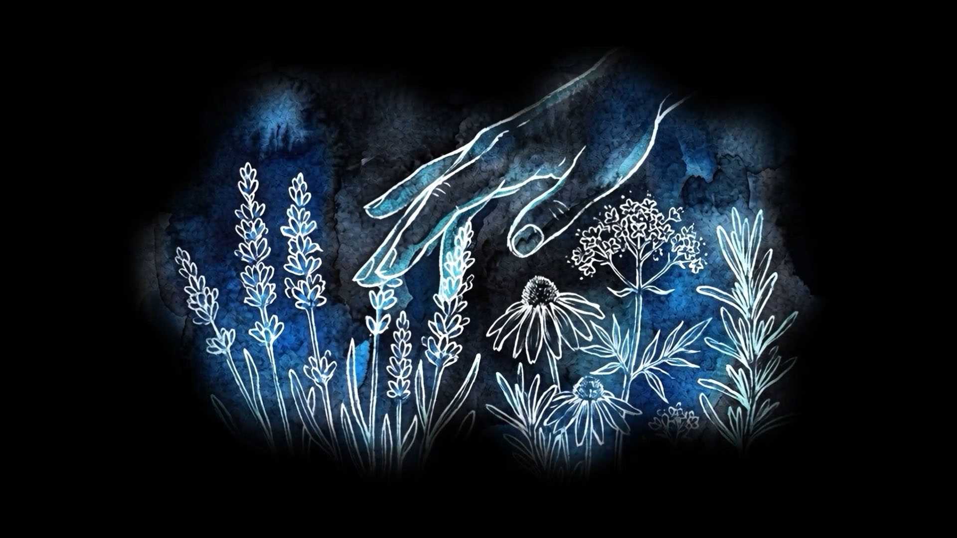 Spa Clemens projection: glowing hand touching plants.