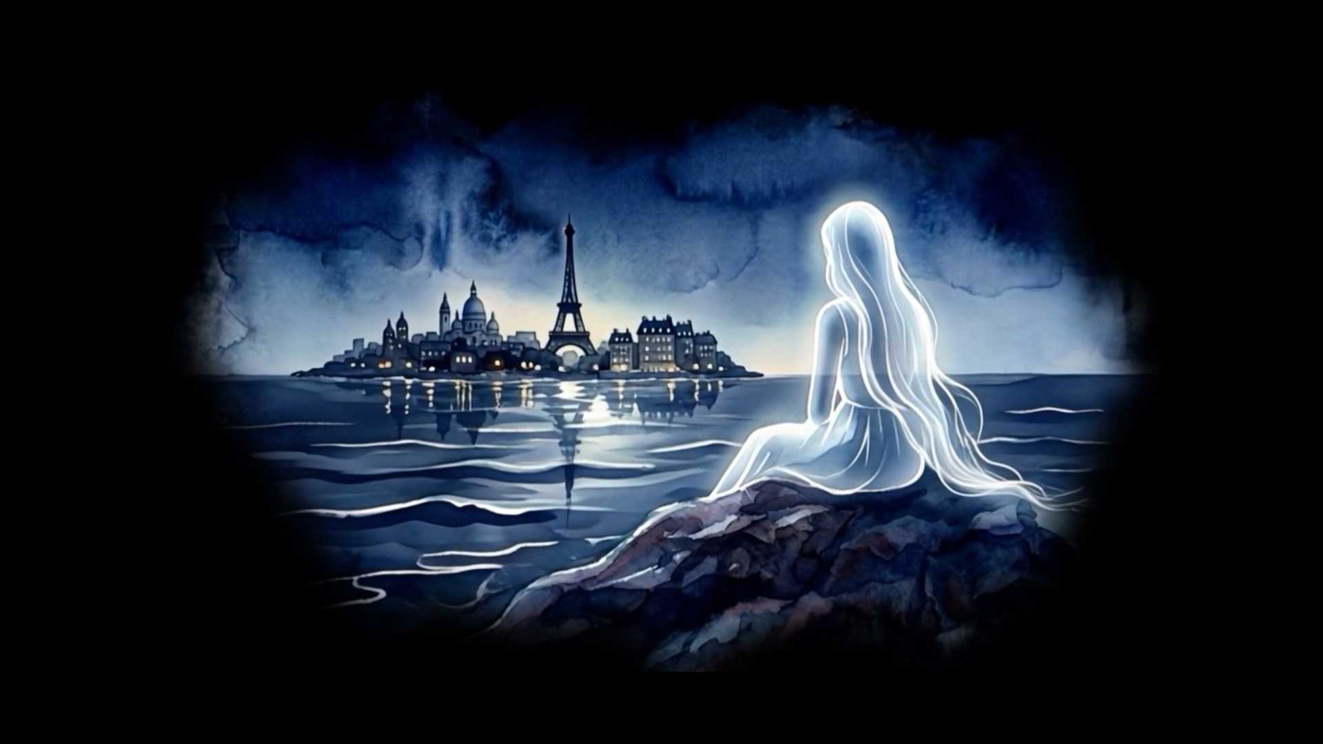 Glowing figure seated, facing Paris night