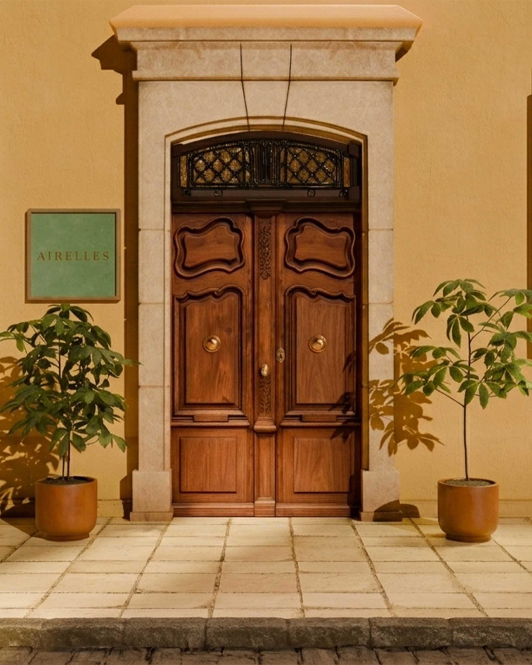 Carved main entrance, green 'AIRELLES' sign, sunny.