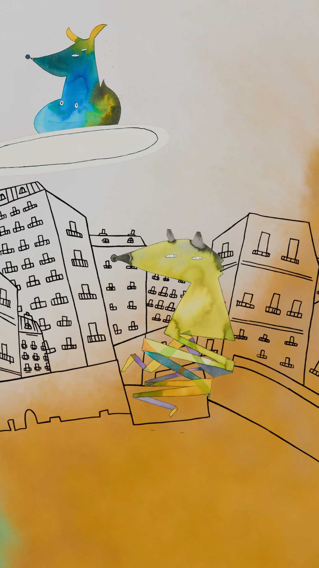Yellow Kitsune jumping, spring legs, sketch buildings, blue silhouette.