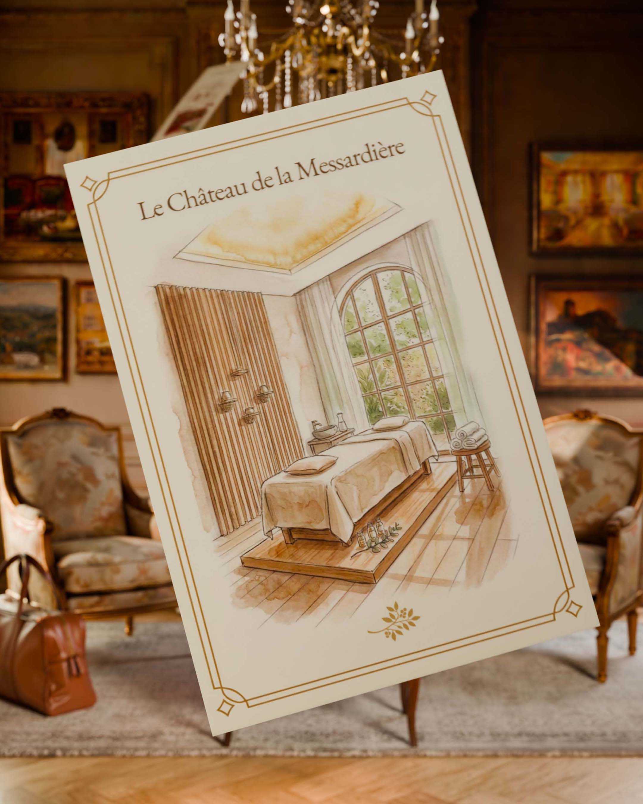 Card illustrating spa, Château de la Messardière, Airelles lounge.