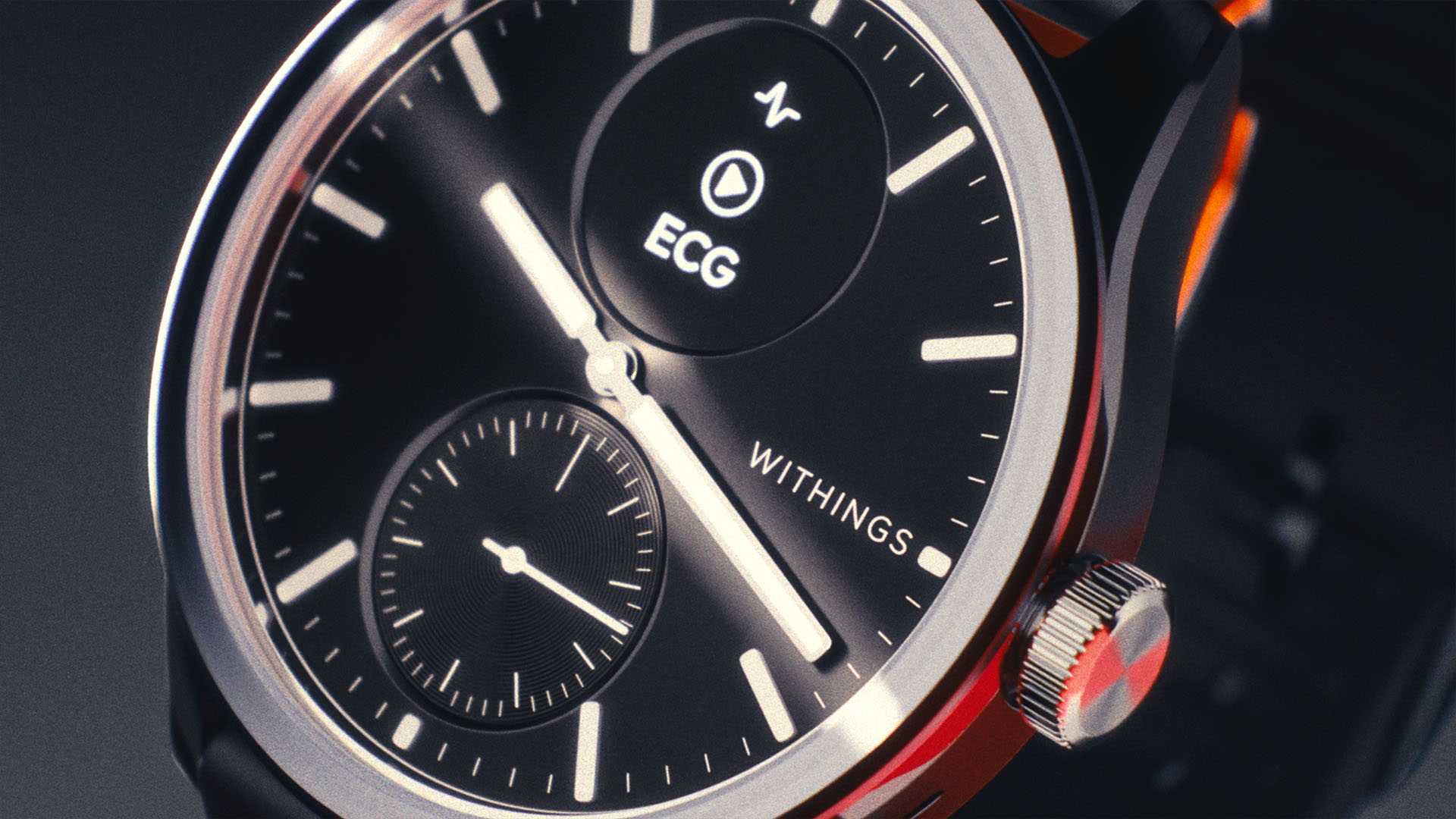 Black Withings smartwatch, ECG dial, photorealistic 3D CGI modeling.