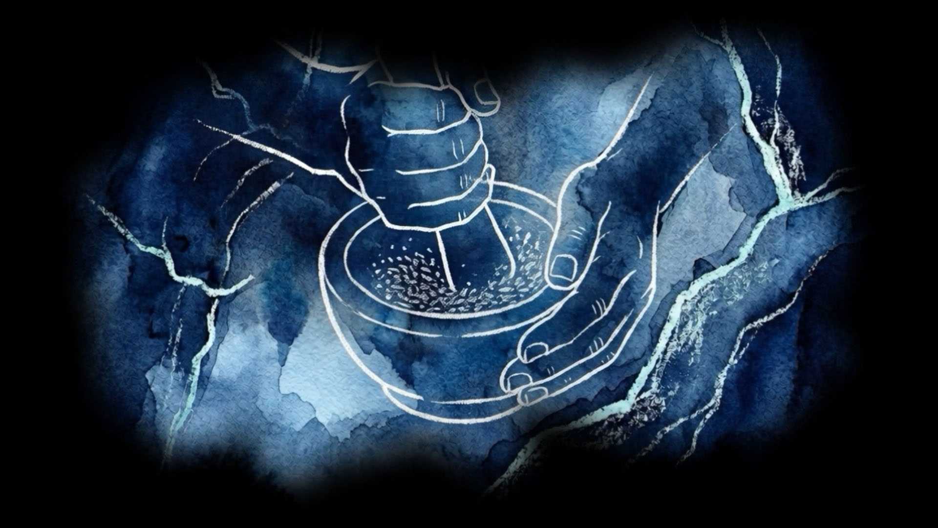 Spa Clemens projection: hands using mortar and pestle, glowing line art.