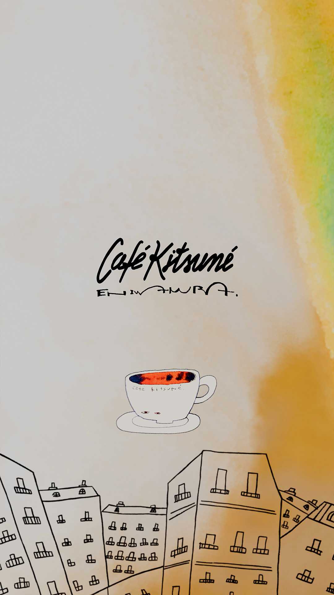 Café Kitsuné logo, Japanese text, coffee cup with eyes, sketch buildings.